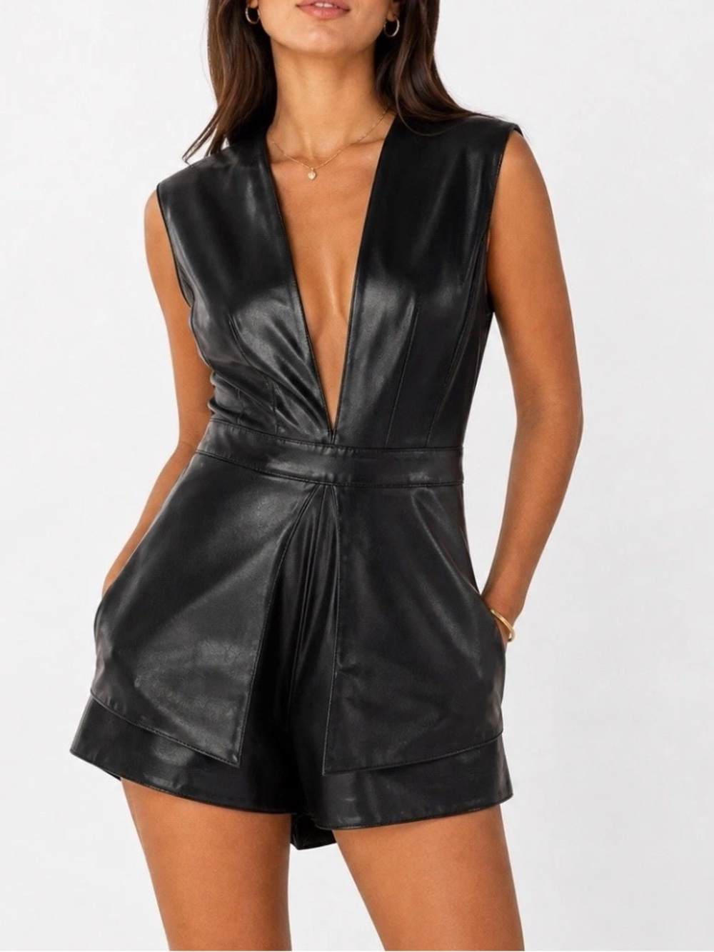 Anna Grace Black Faux Leather Deep V Romper
